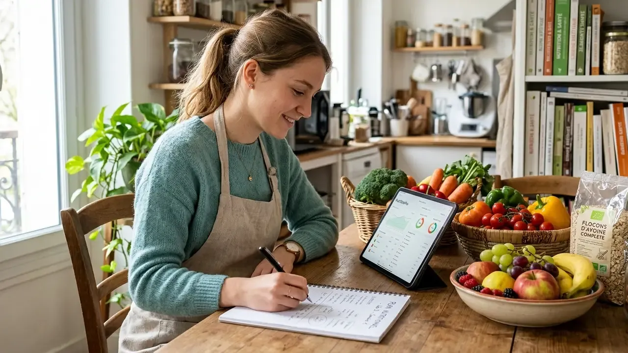 Étudiante en diététique préparant un plan nutritionnel avec des aliments frais.