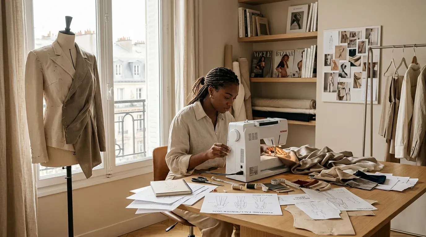 Apprenante en formation mode en ligne réalisant des croquis et des travaux de couture dans un atelier créatif