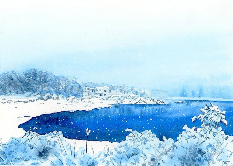 Illustration hivernale de notre ancienne apprenante Amélie Verdier représentant un paysage enneigé au bord d'un lac.