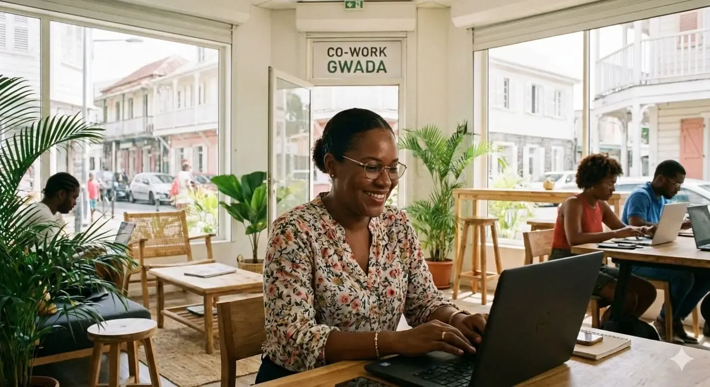 Une femme guadeloupéenne suit une formation en ligne depuis un espace de co-working à Pointe-à-Pitre.