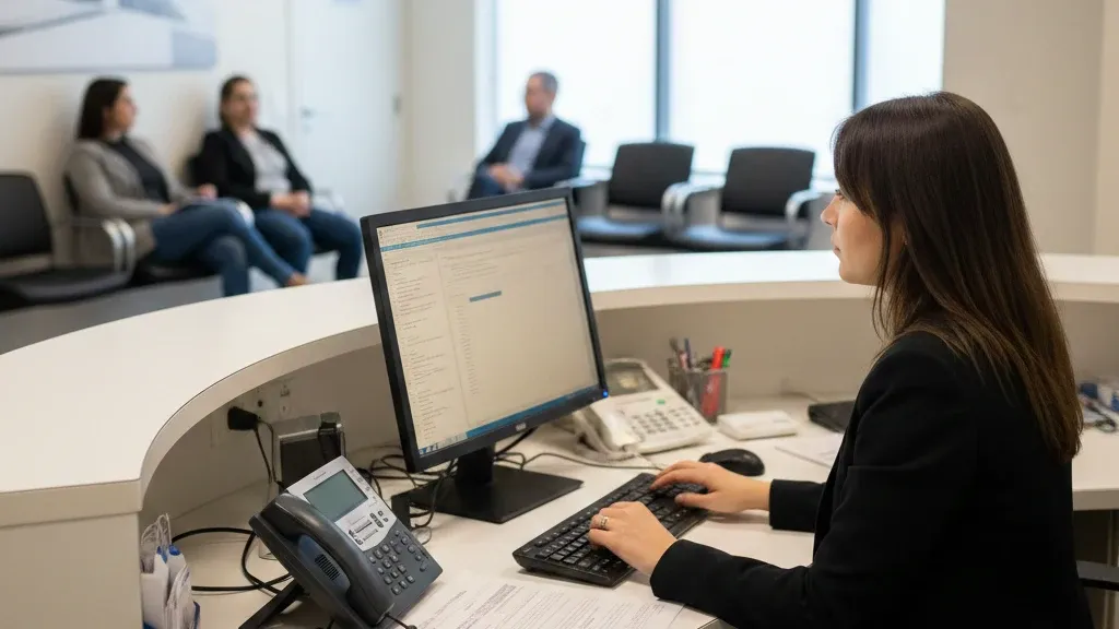 Secrétaire médico-administrative travaillant à l’accueil d’un cabinet médical avec salle d’attente visible en arrière-plan.