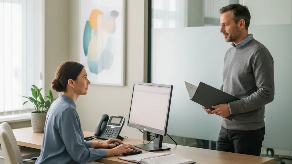 Secrétaire médicale accueillant un patient dans un cabinet en début de journée
