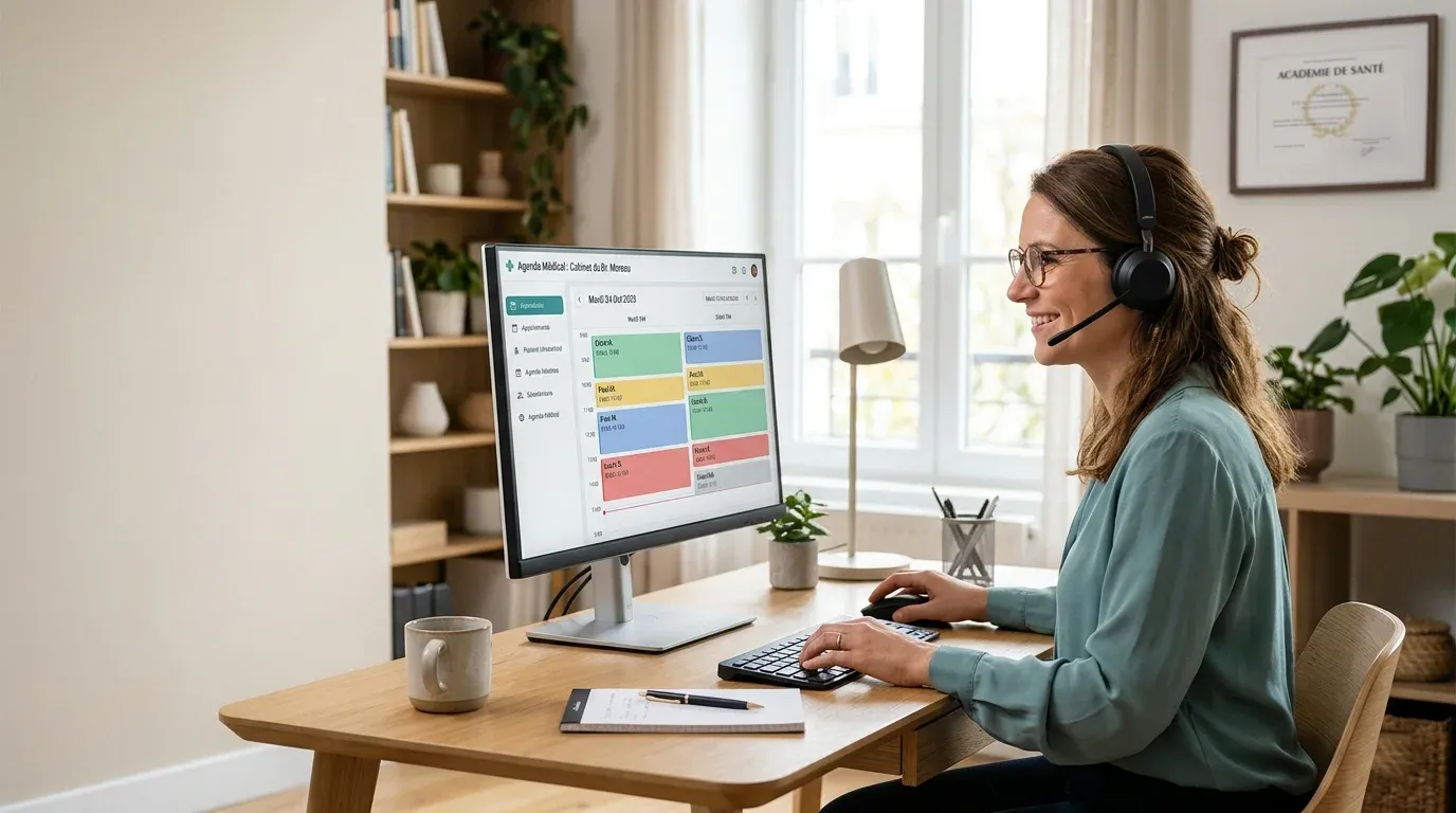 Secrétaire médicale en télétravail gérant des rendez-vous médicaux à distance