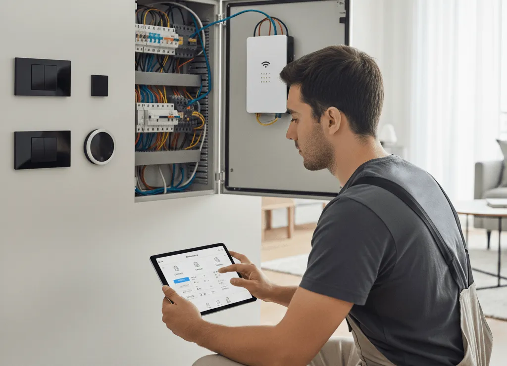 Futur électricien en formation paramétrant une installation domotique dans un logement moderne, entre tableau électrique et équipements connectés