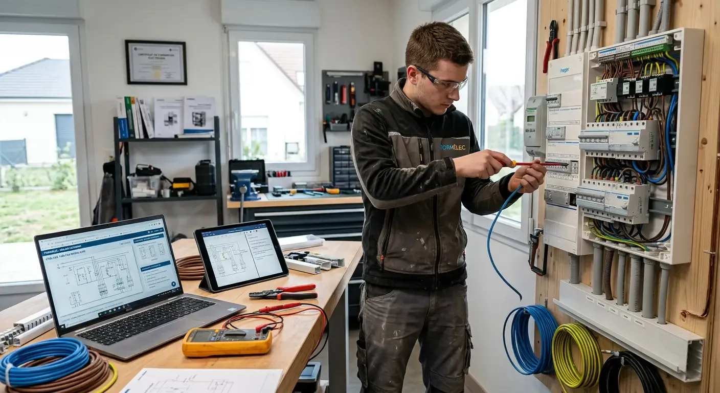 Apprenant préparant un CAP Électricien à distance en réalisant des branchements électriques dans un atelier moderne