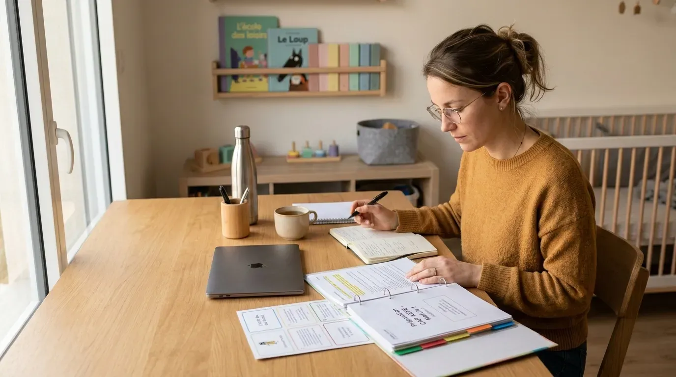 Apprenante Skill & You préparant les épreuves du CAP AEPE avec fiches de révision et dossier de stage