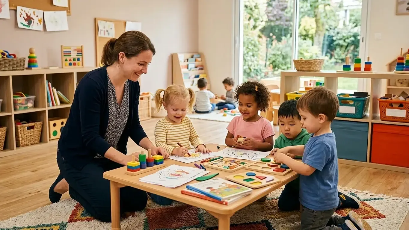 Professionnelle de la petite enfance encadrant des enfants lors d’une activité d’éveil en crèche.