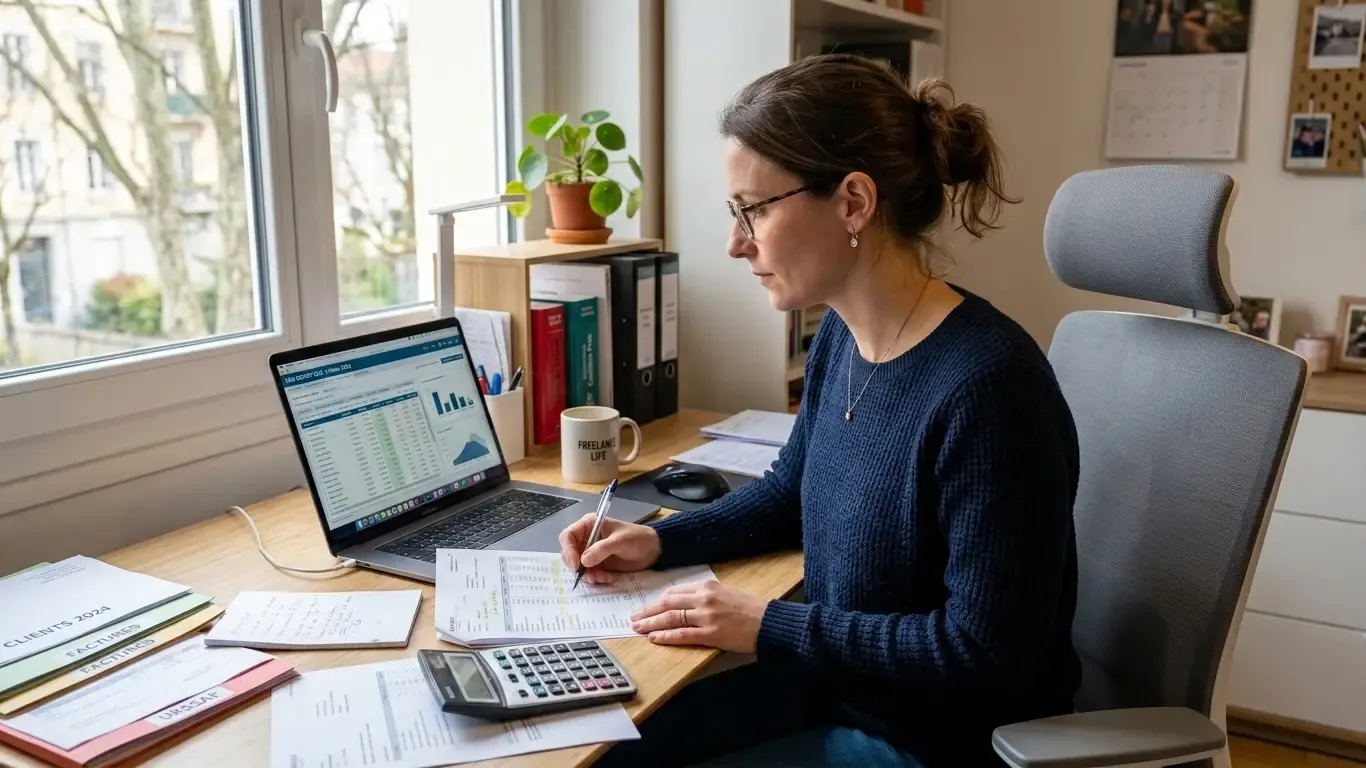 Gestionnaire de paie freelance travaillant sur un logiciel de paie à son bureau.