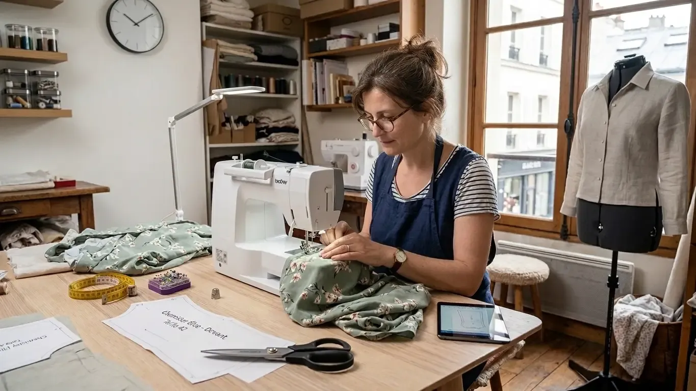 apprenante réalisant un vêtement en tissu fluide sur une machine à coudre dans un atelier de couture professionnel