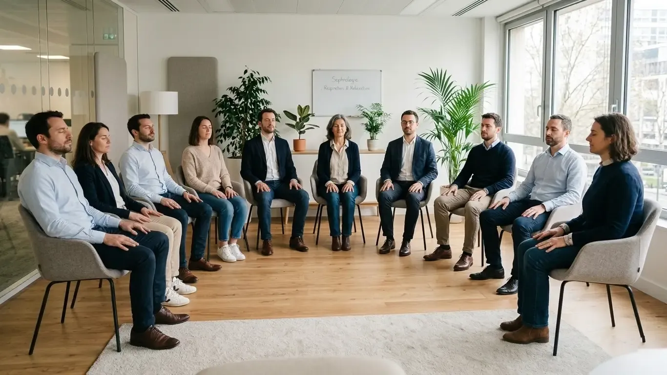 Séance de sophrologie collective guidée par un sophrologue dans une entreprise.