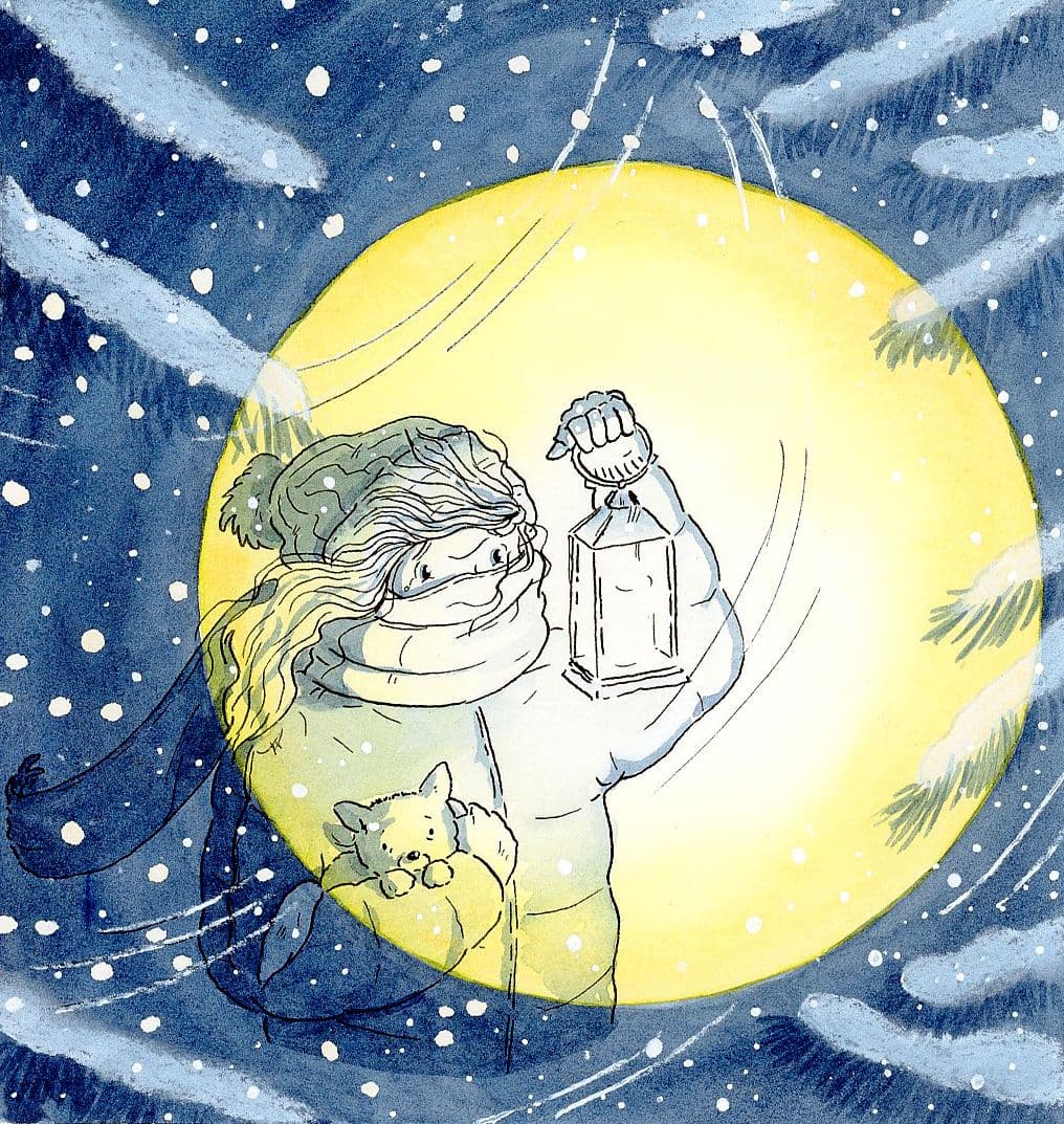 Illustration de Noël de notre ancienne apprenante Amélie Verdier représentant une femme marchant de nuit dans une tempête de neige.