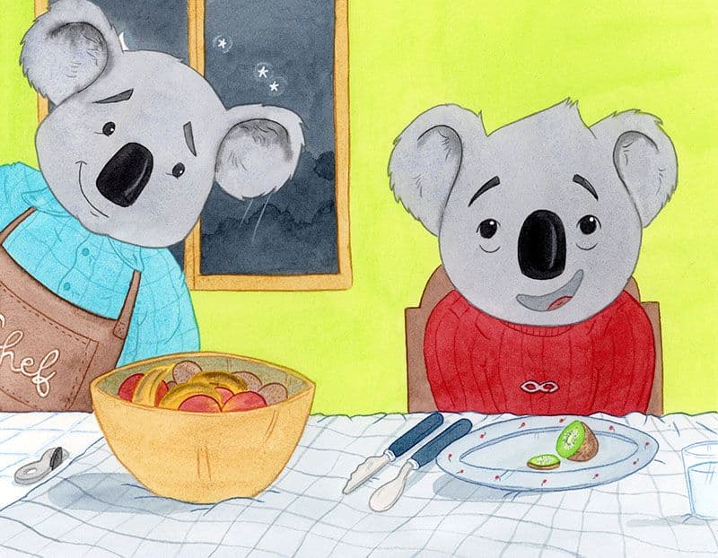 Illustration jeunesse de notre ancienne apprenante en formation Dessinateur-illustrateur représentant deux koala en train de partager un repas.