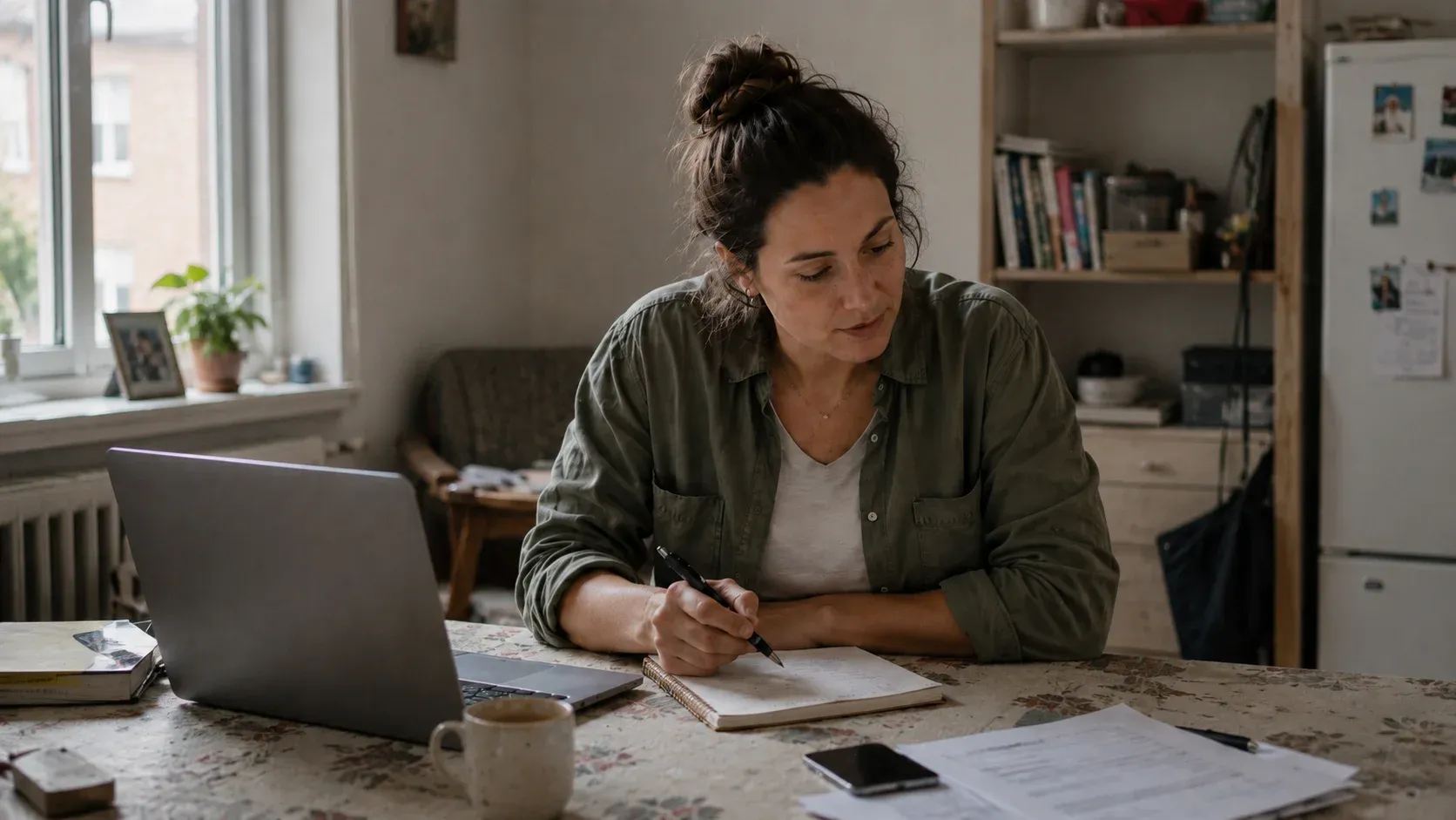 Adulte préparant un projet entrepreneurial depuis son appartement, avec un ordinateur portable, un carnet et des documents sur la table.