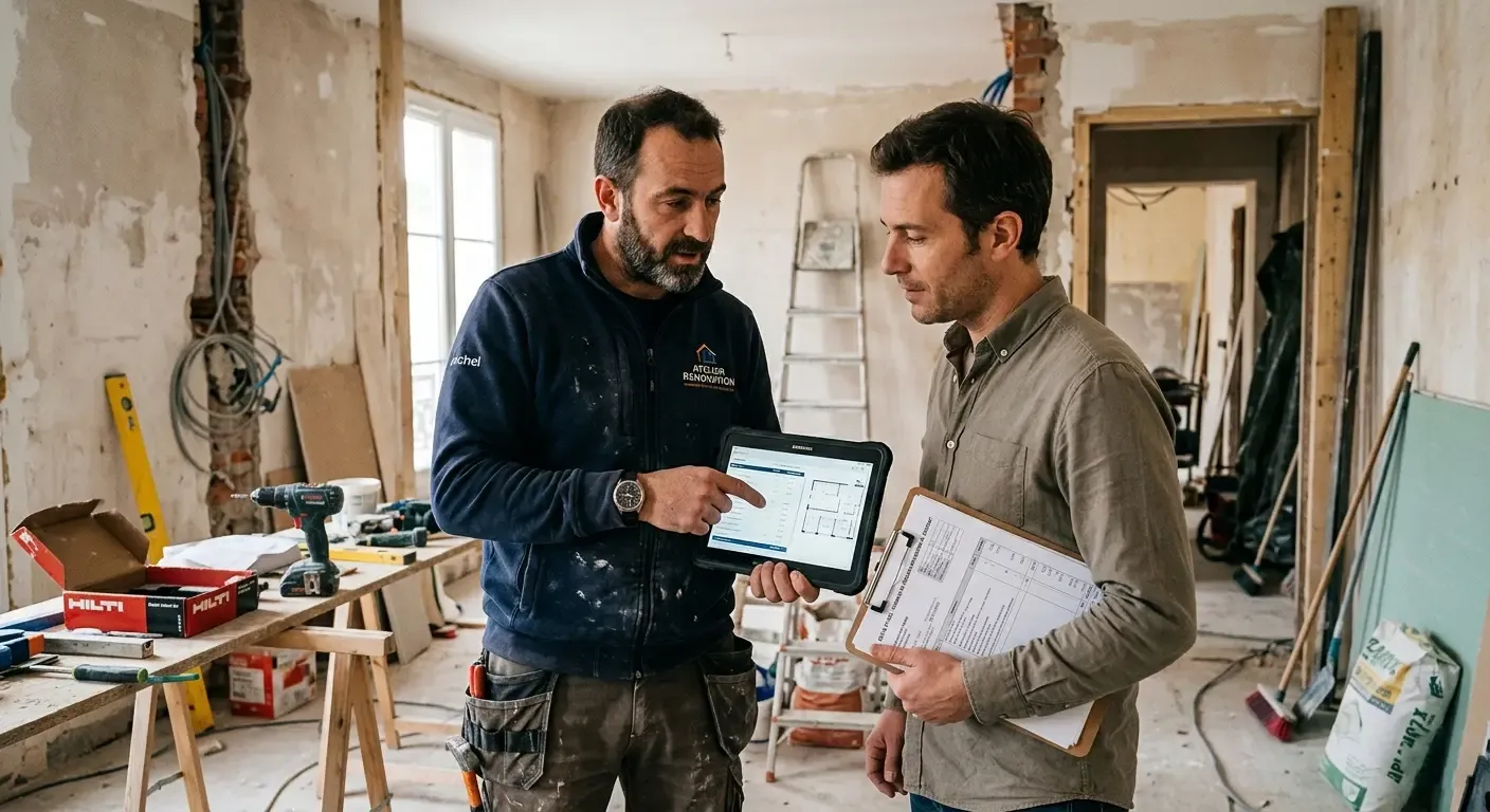 Artisan préparant un devis avec un client avant des travaux