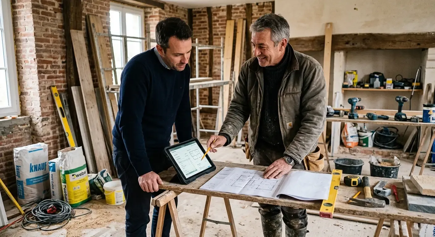 Artisan échangeant avec un client pendant des travaux de rénovation