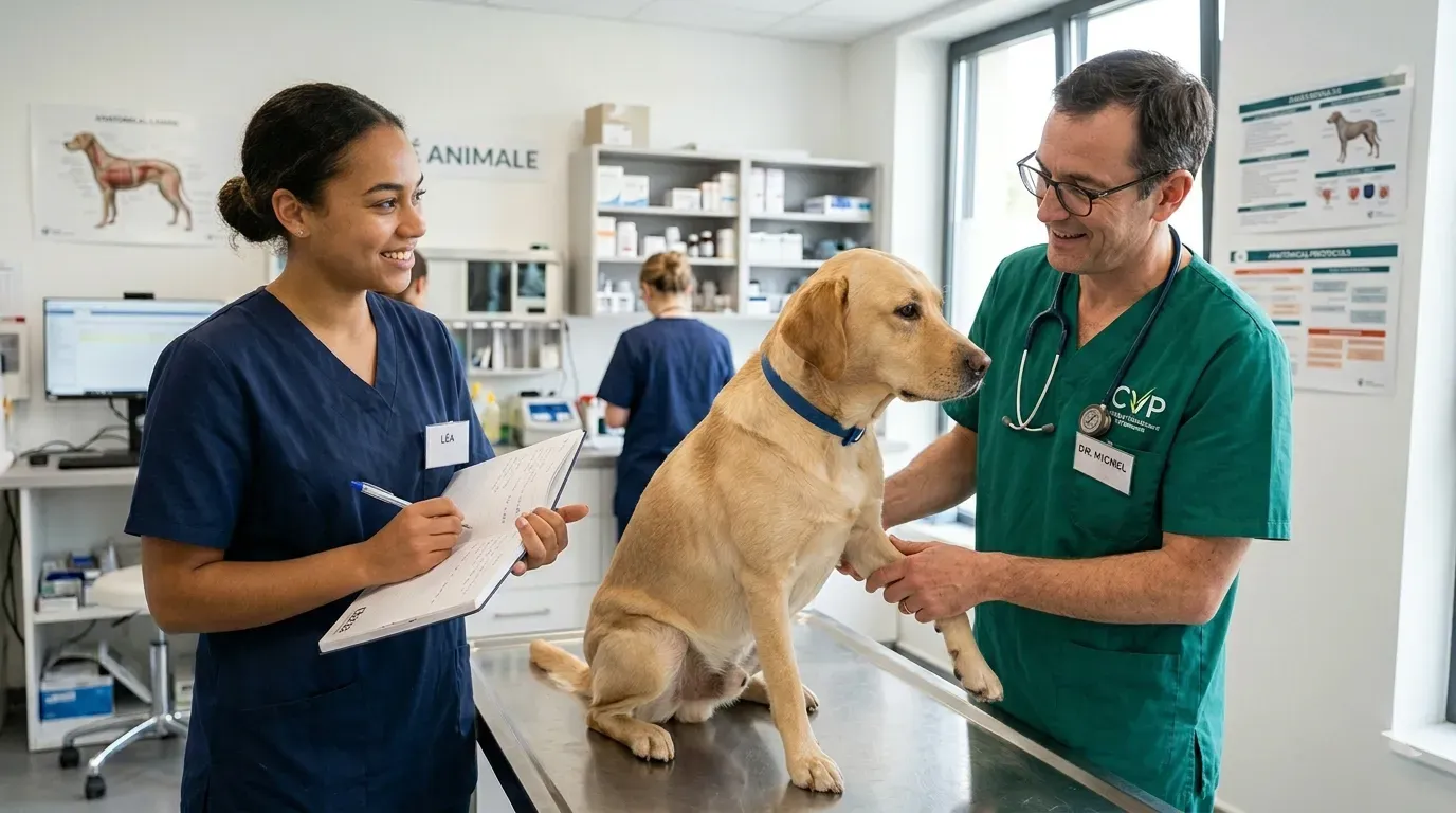 Auxiliaire de santé animale assistant un vétérinaire avec un chien dans une clinique vétérinaire
