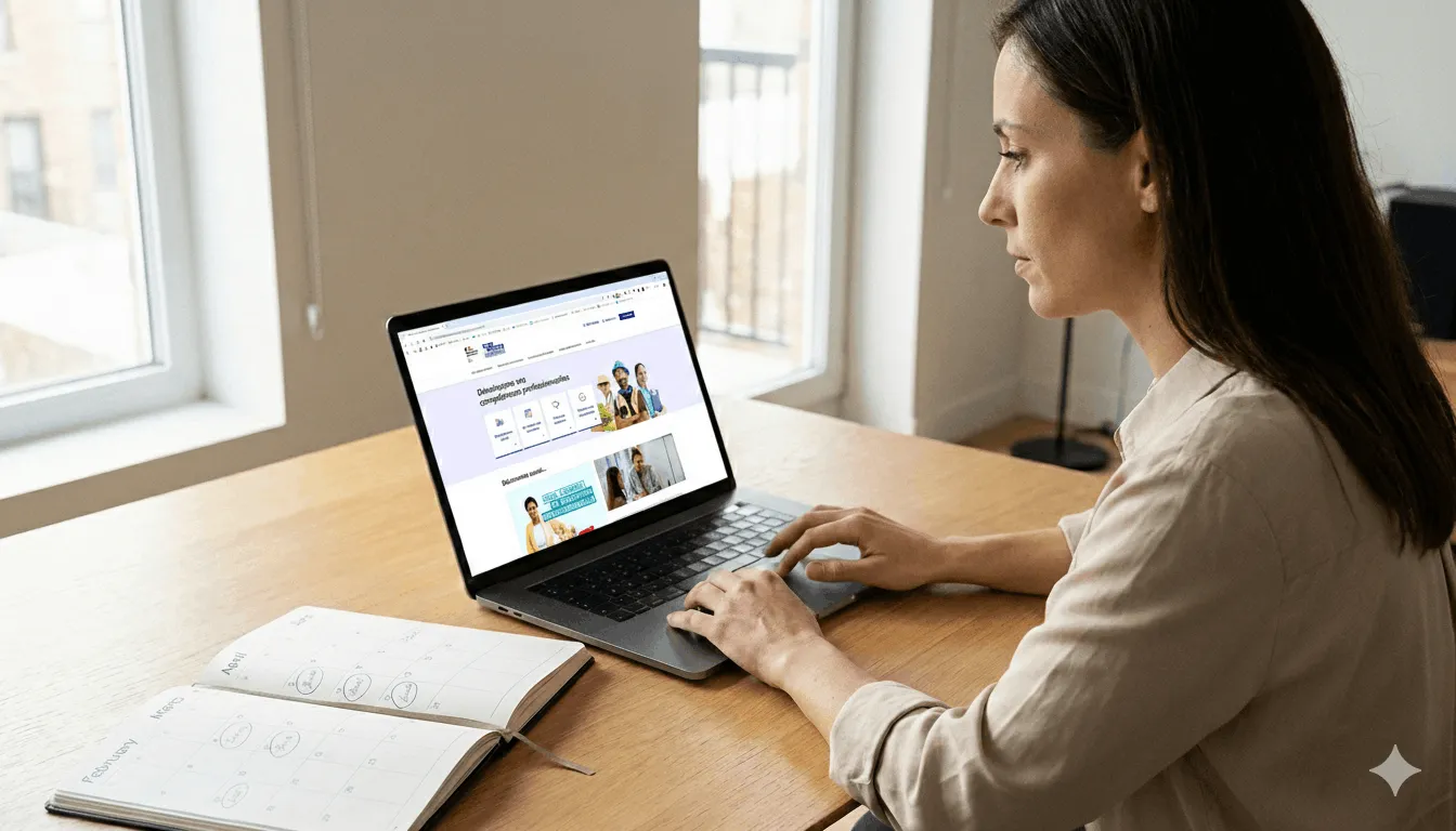 Personne consultant son compte CPF sur ordinateur avec un calendrier ouvert entre janvier et juin, illustrant la période de versement des crédits CPF en 2026.