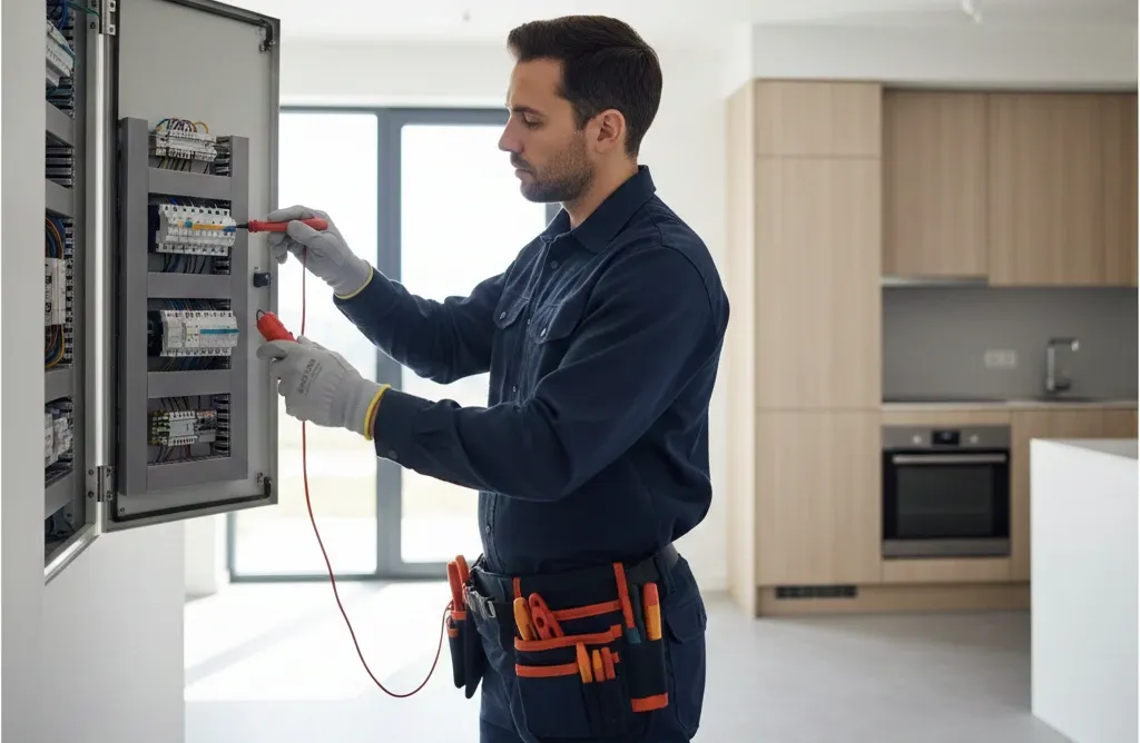 Électricien professionnel intervenant sur un tableau électrique, illustrant les compétences et qualités requises pour exercer le métier d’électricien