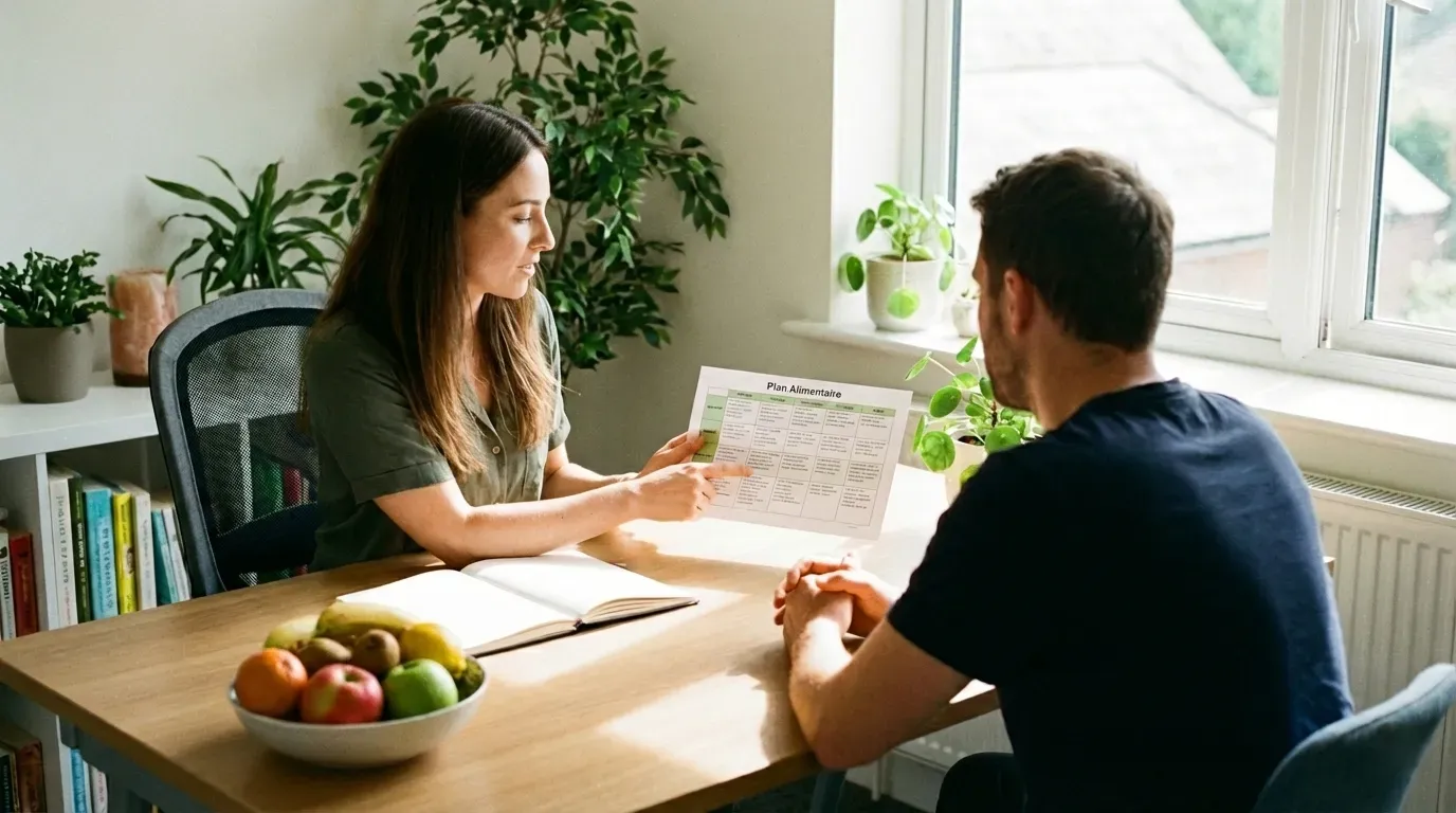 Consultation en nutrition avec professionnel présentant un plan alimentaire en cabinet.