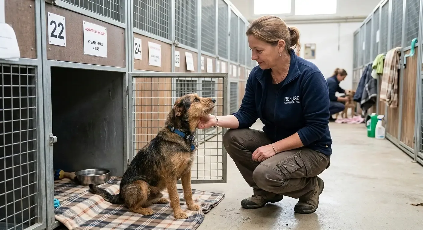 Agent animalier travaillant dans un refuge SPA auprès d’un chien en box.