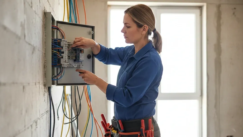 Femme électricienne installant un tableau électrique dans un logement en rénovation