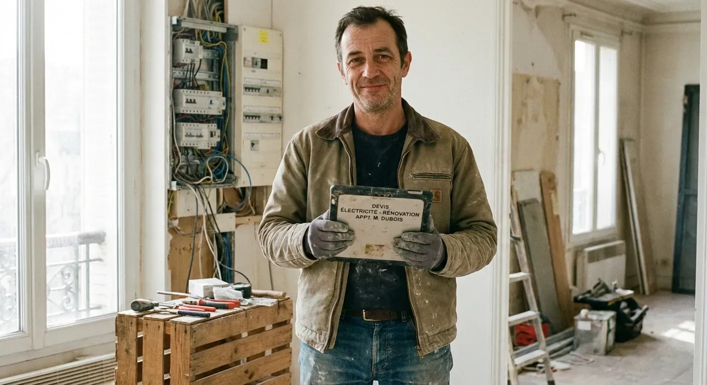 Électricien indépendant préparant un devis sur chantier après un CAP Électricien.
