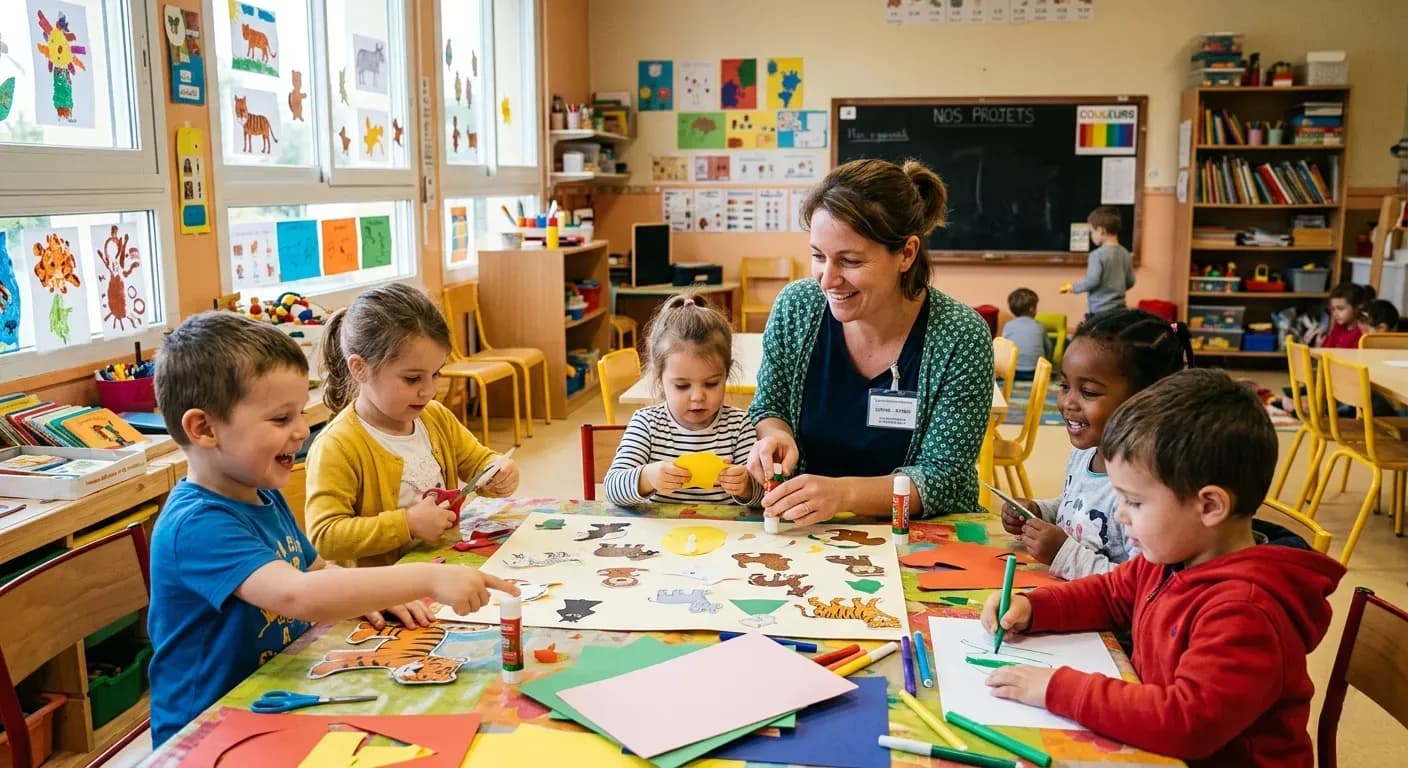 ATSEM accompagnant des enfants dans une école maternelle