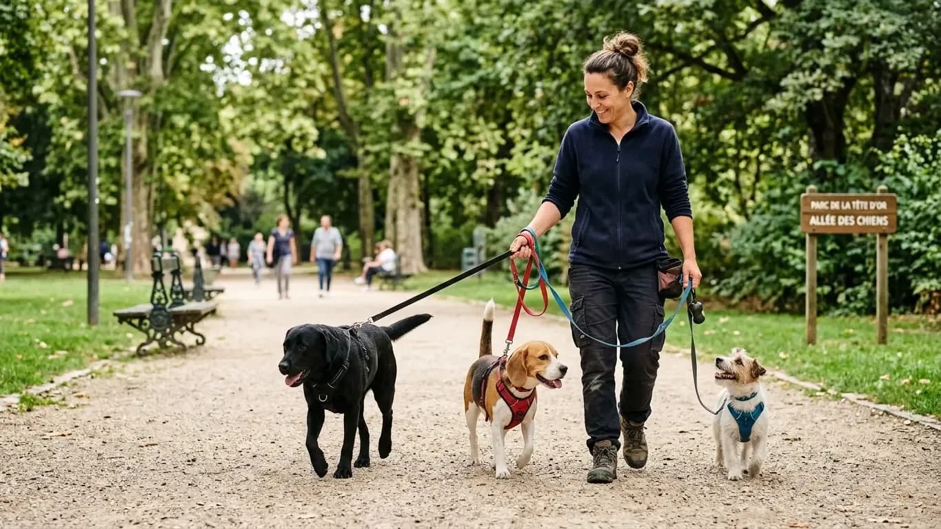 Pet-sitter promenant plusieurs chiens en laisse dans un parc urbain.