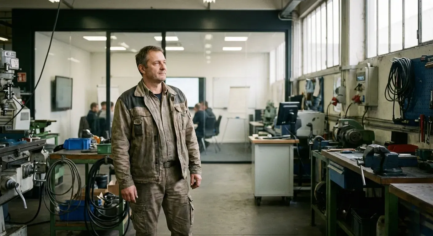 Salarié observant un espace de formation dans le cadre d’une période de reconversion professionnelle