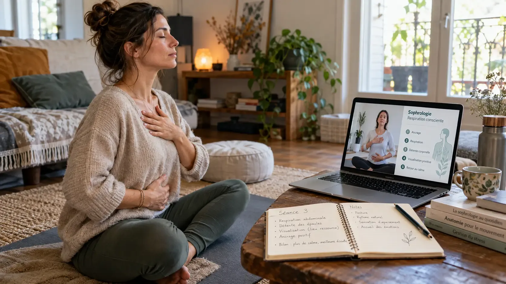 Apprenante suivant une formation en sophrologie à distance et pratiquant un exercice de respiration