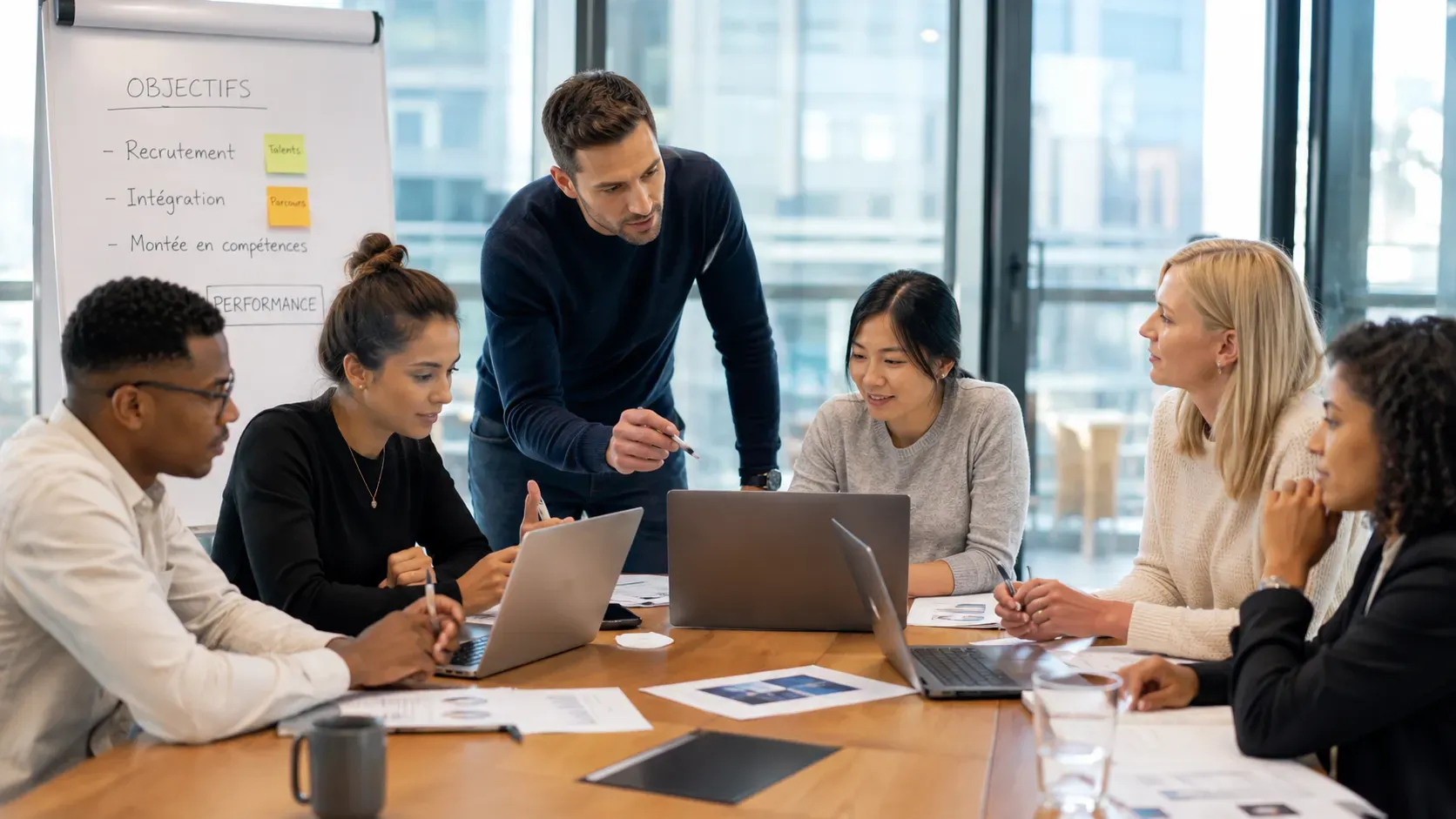 Candidats en formation professionnelle encadrés par un manager avant leur embauche